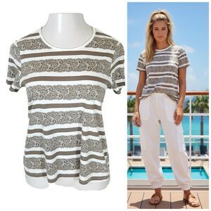 White Stag Top Womens Large Lace Print Tee Tan White Work Office Business Casual